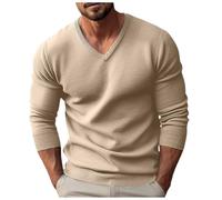 Mymyguoe Jersey de punto para hombre, informal, capa base, jersey de punto fino, jersey de invierno, manga larga, cuello en V, corte ajustado, monocolor, sudadera de punto, beige, S