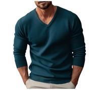 Mymyguoe Jersey de punto para hombre, informal, capa base, jersey de punto fino, jersey de invierno, manga larga, cuello en V, corte ajustado, monocolor, sudadera de punto, azul, XXL