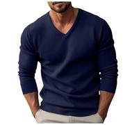 Mymyguoe Jersey de punto para hombre, informal, capa base, jersey de punto fino, jersey de invierno, manga larga, cuello en V, corte ajustado, monocolor, sudadera de punto, azul marino, XXL