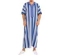 Mymyguoe Kaftan Hombres Abaya Musulmanes Vestidos Bordados Árabe Oración Eid Ropa Manga Corta Algodón Marroquí Islámico Maxivestido Ramadán Batas, azul, XL
