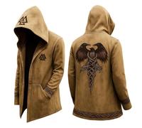Mymyguoe Mito nórdico para hombre Cárdigan con capucha estampado 3D chaqueta de moto chaqueta media con capucha nórdico vikingo cosplay capas disfraz de Halloween, caqui, L