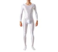 Mymyguoe Mono de nailon para hombre, aspecto mojado, para fiestas, clubwear, ajustado, de cuerpo entero, de una pieza, ropa interior brillante, de manga larga, traje de cuerpo completo, Blanco, M