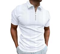 Mymyguoe Polo a rayas para hombre con cremallera 1/4, camiseta deportiva acanalada, camiseta de negocios, camiseta de verano, deportiva, camiseta de golf, camiseta transpirable, Blanco, L