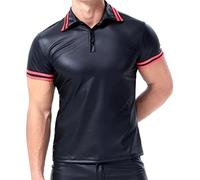 Mymyguoe Polo para hombre de piel sintética, polo sexy de piel, camiseta muscular, camiseta de manga corta, para fiesta, discoteca, ropa interior, aspecto mojado, aspecto lacado, camiseta polo, Negro