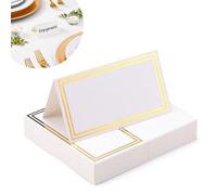 Mynoozi 50 tarjetas de lugar de mesa, tarjetas de lugar de nombre de boda con doble borde dorado, tienda de campaña de papel para mesa de boda, cumpleaños, cena, fiesta (blanco)