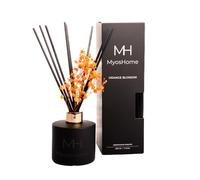Myoshome Ambientador Mikado Negro Mate con Embellecedor Dorado y Flores Secas, Mikado Ambientador Varillas, 200 ml, Recipiente Elegante e Individual para Decoración y Fragancia. (Orange Blossom)