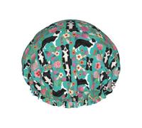 MyPiky Border Collie - Gorro de ducha con estampado floral, elástico y reutilizable para cabello largo, gorro de ducha impermeable grande, para mujeres, hombres y niños