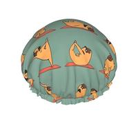 MyPiky Gorro de ducha con estampado de carlino de yoga, elástico y reutilizable, para cabello largo, gorro de ducha impermeable grande, para mujeres, hombres y niños