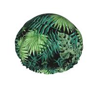 MyPiky - Gorro de ducha transparente con estampado de hoja de palmera, elástico y reutilizable para cabello largo, gorro de ducha impermeable grande para mujeres, hombres, niños