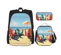 MyPiky Mochila unisex 3 en 1 con estampado de sillas de playa y paisajes, bolsa de almuerzo, estuche para lápices, conveniente para viajeros
