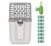 MYPIN Cuchara de arena para gatos, pala portátil de gran capacidad mejorada con soporte y cubo de residuos, pala para gatos con 135 bolsas de basura adicionales, bandeja de arena Genie, gris