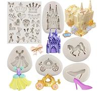 MYPRACS Cenicienta Fondant Molud Cuentos de hadas Castillo Calabaza Carruaje Princesa Vestido Zapatos de Cristal Molde de Silicona Chocolate Candy Molde de Corona de Arco para Decoración de Pasteles