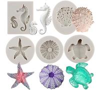 MYPRACS Juego de 5 moldes de silicona para fondant, diseño de conchas, estrella de mar, caballito de mar, erizos de mar, tortugas marinas, decoración de pasteles de azúcar, cupcakes, caramelos,