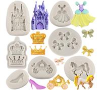 MYPRACS Molde de Cenicienta para fondant, castillo de cuento de hadas, calabaza, carruaje, vestido de princesa, zapatos de cristal, corona de lazo, molde de silicona para decoración de pasteles de