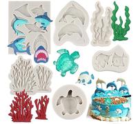 MYPRACS Moldes para fondant con temática marina, tortuga, tiburón, delfín, coral, peces, moldes de silicona para decoración de pasteles de azúcar, decoración de cupcakes, caramelo, chocolate, pasta de