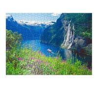 MyPuzzle Geiranger Fjord and Seven Sisters Waterfall, Noruega Central, Noruega, Rompecabezas de 500 piezas prémium para adultos