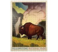 MyPuzzle Yellowstone National Park: Art Deco Bison, póster vintage, rompecabezas premium de 500 piezas para adultos