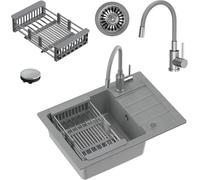MyQ Fregadero de cocina | tamaño: 62 x 44 x 17,5cm color gris | SEUL 16 fregadero de granito + grifo de cocina Missouri + cesta | fregadero de un seno con escurridor | para armarios a partir de 50cm