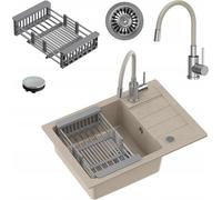 MyQ Fregadero de cocina | tamaño: 62x44x17,5cm beige | SEUL16 fregadero de granito + grifo mezclador de cocina Missouri + cesta | fregadero de un seno con escurridor | para armarios a partir de 50cm