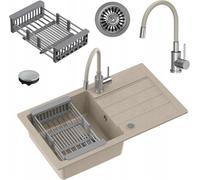 MyQ fregadero de cocina | tamaño 77x44 x17,5cm Beige | SEUL11 fregadero de granito + grifo mezclador de cocina Missouri + cesta | fregadero de un seno con escurridor | para armarios a partir de 50cm
