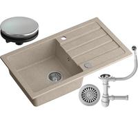 MyQ Fregadero de granito | tamaño: 77 x 44 x 17,5 cm, color: beige | SEUL 11 Fregadero de cocina Fregadero de una cubeta con escurridor y sifón manual | para armarios a partir de 50 cm