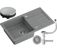 MyQ Fregadero de granito | tamaño: 77 x 44 x 17,5 cm, color: gris | SEUL 11 Fregadero de cocina Fregadero de una cubeta con escurridor y sifón manual | para armarios a partir de 50 cm