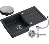 MyQ Fregadero de granito | tamaño: 77 x 44 x 17,5 cm, color: negro | SEUL 11 Fregadero de cocina Fregadero de una cubeta con escurridor y sifón manual | para armarios a partir de 50 cm
