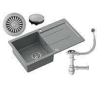 MyQ Fregadero de granito | tamaño: 77 x 44 x 18,5 cm, color: gris | PARIS 11 Fregadero de cocina Fregadero de una cubeta con escurridor y sifón manual | para armarios a partir de 50 cm