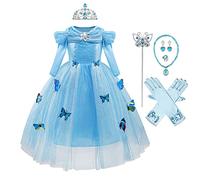 MYRISAM Disfraz Cenicienta Niña Princesa Manga Larga Cinderella Dress Traje de Carnaval Halloween Navidad Fiesta Cumpleaños Aniversario Cosplay Mariposa Costume Con Accesorios 9-10 años