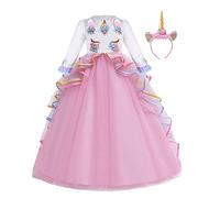 MYRISAM Niñas Disfraz de Carnaval Princesa Vestido de Manga Larga Unicornio para Chicas Cumpleaños de Boda de Fiesta de Cosplay Halloween Navidad Comunión Vestidos de Baile con Diadema Rosa 4-5