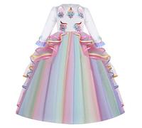 MYRISAM Niñas Disfraz de Carnaval Princesa Vestido de Manga Larga Unicornio para Chicas Cumpleaños de Boda de Fiesta de Cosplay Halloween Navidad Comunión Vestidos de Baile Multicolor 6-7