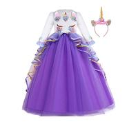 MYRISAM Niñas Disfraz de Carnaval Princesa Vestido de Manga Larga Unicornio para Chicas Cumpleaños de Boda de Fiesta de Cosplay Halloween Navidad Comunión Vestidos de Baile con Diadema Morado 8-9