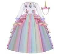 MYRISAM Niñas Disfraz de Carnaval Princesa Vestido de Manga Larga Unicornio para Chicas Cumpleaños de Boda de Fiesta de Cosplay Halloween Navidad Comunión Vestidos de Baile con Diadema Multicolor 6-7