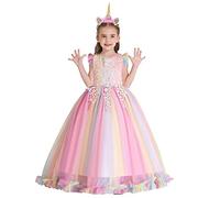 MYRISAM Niñas Disfraz de Halloween Princesa Vestido de Unicornio para Chicas Cumpleaños de Boda Carnaval de Fiesta de Cosplay Navidad Comunión Flor Vestidos de Baile con Diadema Arcoiris 5-6