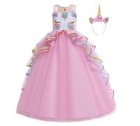 MYRISAM Niñas Disfraz de Halloween Princesa Vestido de Unicornio para Chicas Cumpleaños de Boda Carnaval de Fiesta de Cosplay Navidad Comunión Flor Vestidos de Baile con Diadema Rosa 4-5