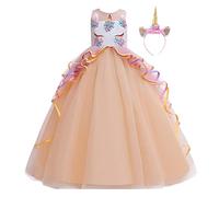 MYRISAM Niñas Disfraz de Halloween Princesa Vestido de Unicornio para Chicas Cumpleaños de Boda Carnaval de Fiesta de Cosplay Navidad Comunión Flor Vestidos de Baile con Diadema Champán 4-5