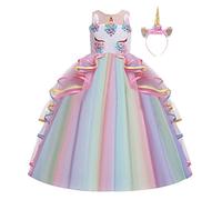 MYRISAM Niñas Disfraz de Halloween Princesa Vestido de Unicornio para Chicas Cumpleaños de Boda Carnaval de Fiesta de Cosplay Navidad Comunión Flor Vestidos de Baile con Diadema Multicolor 6-7