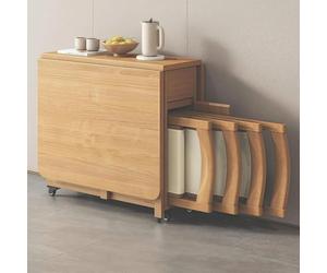 MYRTFK Juego de Mesa de Comedor Plegable de Madera Maciza, Mesa Extensible Que Ahorra Espacio con 4 sillas Plegables y Ruedas giratorias de 360°, para Cocina, Comedor, Sala de Estar y Restaurante