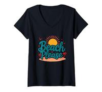 Myrtle Beach por Favor Vacaciones Verano Diversión Arte Costero Camiseta Cuello V, Mujer, Negro, L