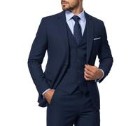 MY'S Conjunto de chaqueta, chaleco y pantalones para hombre, chaqueta de un botón, chaleco y pantalones, traje de fiesta de color liso para boda, Azul profundo, XX-Large