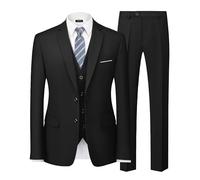 MY'S Conjunto de Traje Ajustado de 3 Piezas para Hombre, Chaqueta de Dos Botones, Chaleco, Pantalones, Corbata, Vestido de Novio, Liso, Esmoquin y Pantalones, Negro -, Large