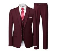 MY'S Conjunto de Traje Ajustado de 3 Piezas para Hombre, Chaqueta de Dos Botones, Chaleco, Pantalones, Corbata, Vestido de Novio, Liso, Esmoquin y Pantalones, Borgoña, X-Small