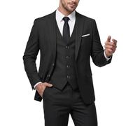 MY'S Conjunto de traje ajustado de 3 piezas para hombre, chaqueta de dos botones, chaleco, pantalones, corbata, vestido de novio, liso, esmoquin y pantalones, Negro -, XX-Large