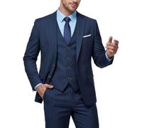 MY'S Conjunto de traje ajustado de 3 piezas para hombre, chaqueta de dos botones, chaleco, pantalones, corbata, vestido de novio, liso, esmoquin y pantalones, Azul profundo, Small