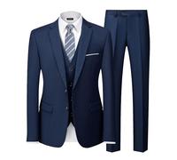 MY'S Conjunto de traje ajustado de 3 piezas para hombre, chaqueta de dos botones, chaleco, pantalones, corbata, vestido de novio, liso, esmoquin y pantalones, Azul profundo, Small