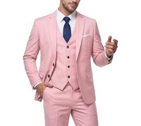 MY'S Conjunto de traje ajustado de 3 piezas para hombre, chaqueta de dos botones, chaleco, pantalones, corbata, vestido de novio, liso, esmoquin y pantalones, Rosa claro, Large