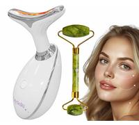 MySeiki Herramienta de belleza con 7 luces LED - Masajeador facial y cuello con rodillo de jade, funda y paño - Blanco