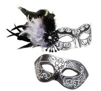 MYSEUNI Máscara plateada para parejas, máscaras para mujeres con plumas y media máscara veneciana para Halloween, para fiesta de mascarada, Mardi Gras, Halloween, cosplay, graduación, Navidad