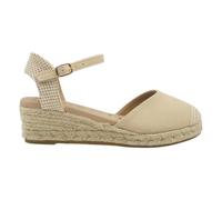 mysoft - 25M102 Alpargatas de Mujer Platino con Cuña 4 cm, Plataforma 2 cm, Cierre de Hebilla, Planta de Gel Acolchada y Puntos de Relajación Mujer Color: Beige Talla: 41