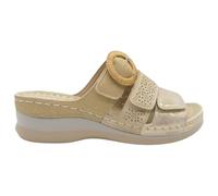 mysoft my Soft - 26M010 Sandalias Destalonadas Mujer 26M010 | Zuecos Cómodos con Tiras Adhesivas, Cuña 4 cm, Planta de Gel, Antideslizantes, Tiras Ajustables con Hebilla Decorativa Mujer Color: Beige